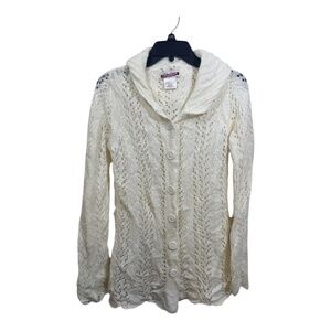 Midtown Cardigan Sweater Womens Size Large Cream Crochet Knit Full Button Mohair